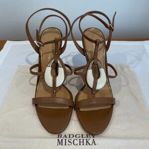 New Badgley Mishka Tan Wedge Sandles with Ankle Strap and Faux Bone Detail